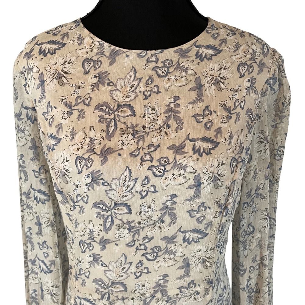 Farrow Floral Long Sleeve Midi Dress Beige Blue Chiffon Size Medium - Picture 2 of 9